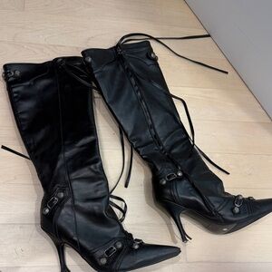 Black Knee-High Pointed Toe Leather Boots